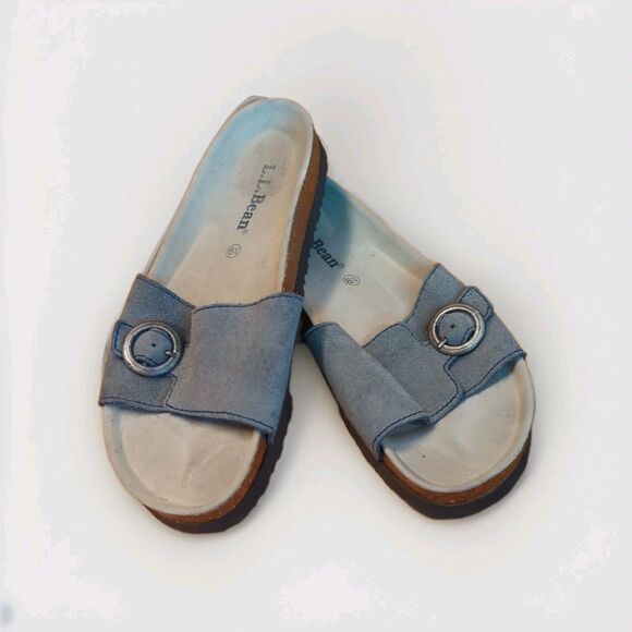 L.L. Bean Slides Sandals Women 6.5 Blue Leather Open Toe Buckle Cork - Picture 1 of 6